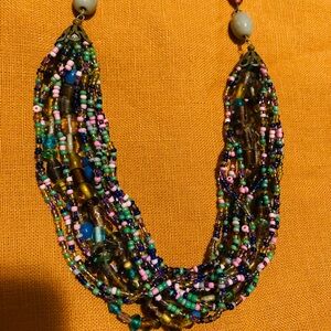 Vtg MULTI STRAND NECKLACE - Glass Beads - Brass Chain - Lobster Clasp - Colorful
